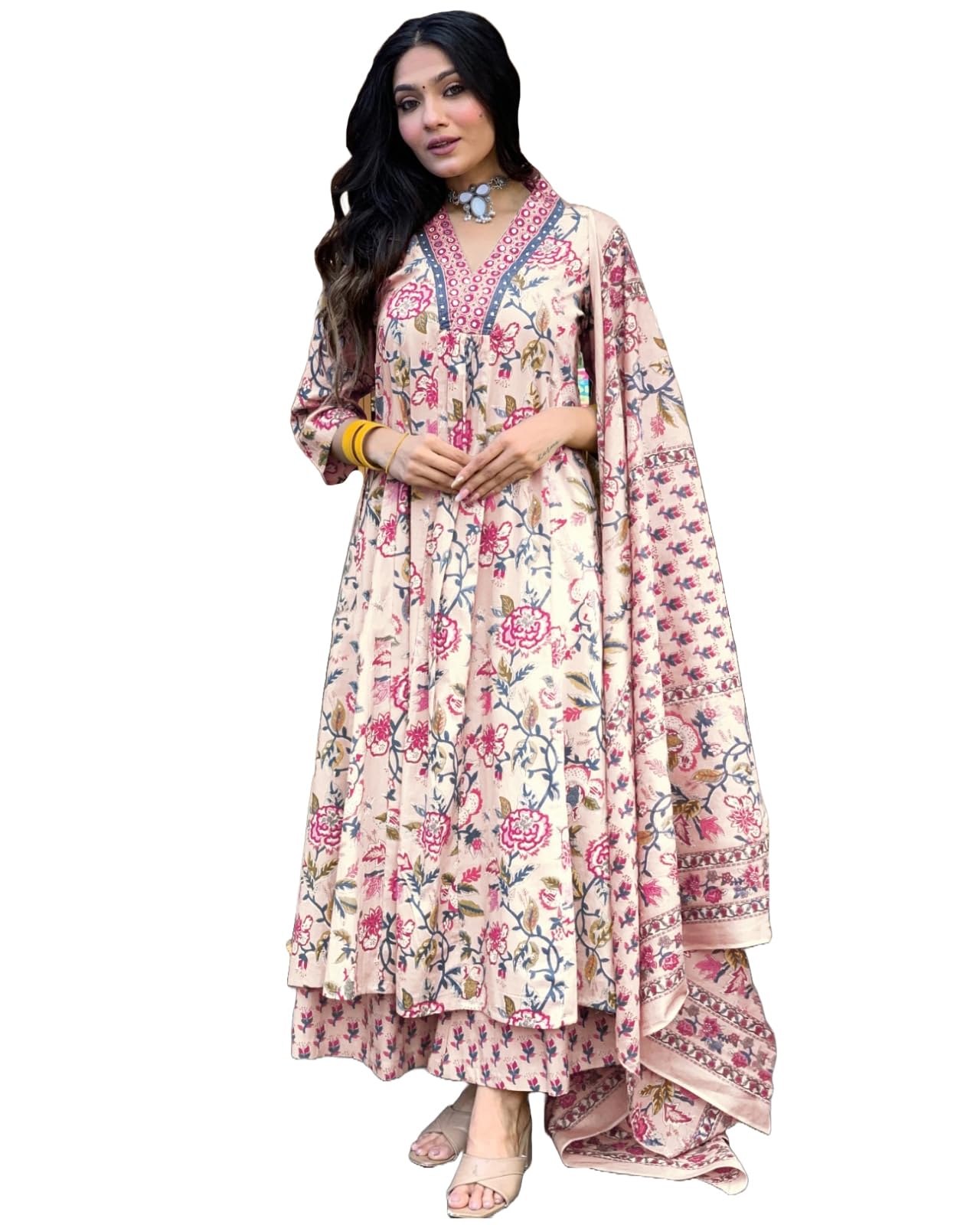 GoSriKi Women's Rayon Viscose Anarkali Printed Kurta with Palazzo & Dupatta