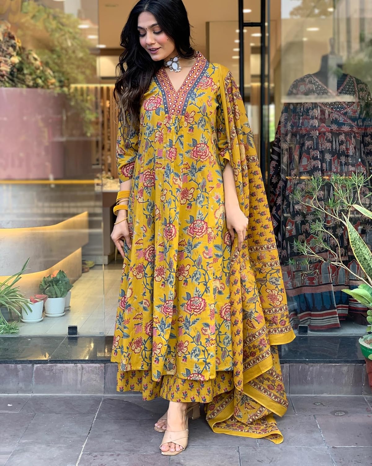 GoSriKi Women's Rayon Viscose Anarkali Printed Kurta with Palazzo & Dupatta