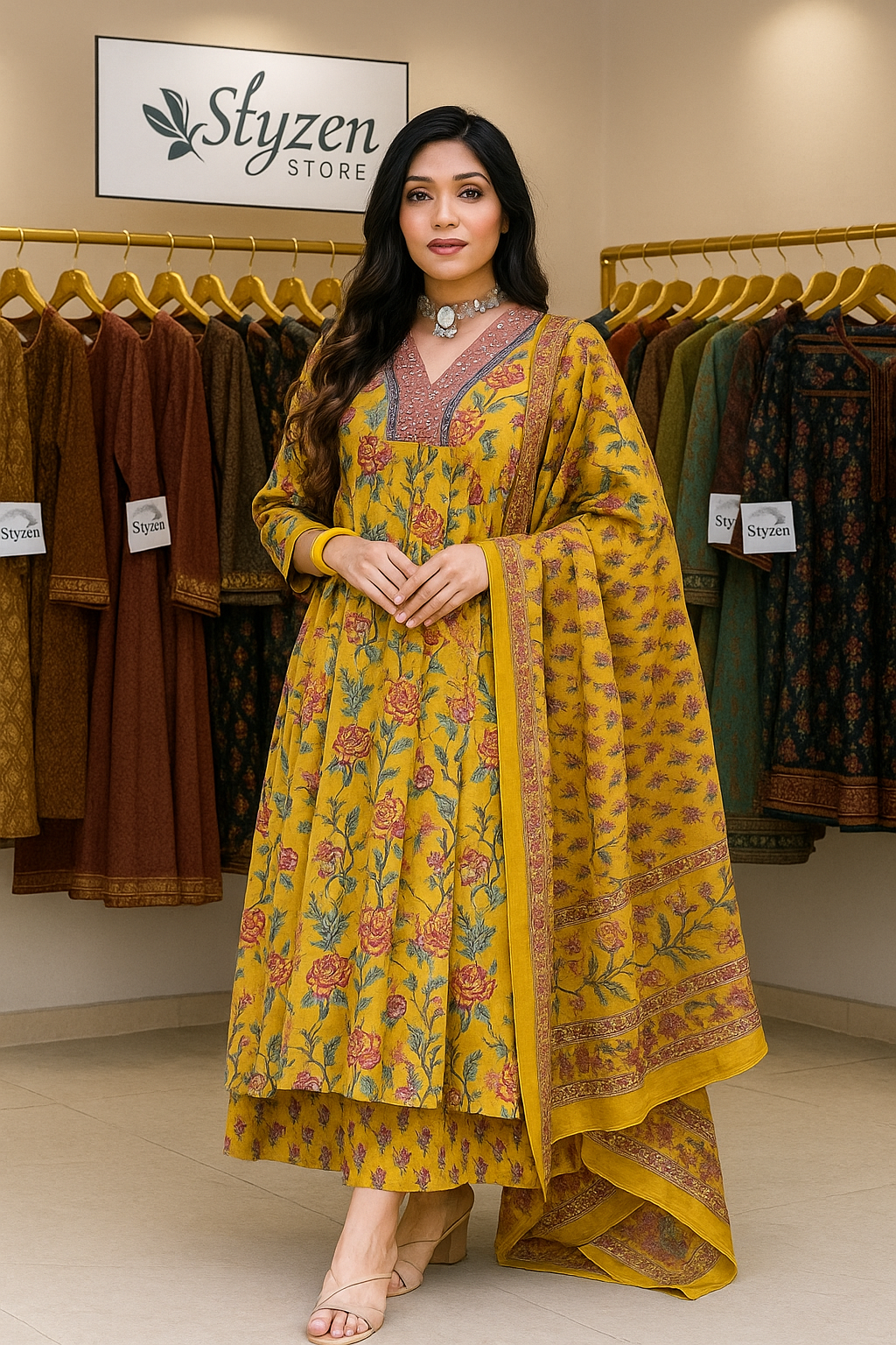 Women's Stylish Anarkali Printed Kurta with Palazzo & Dupatta