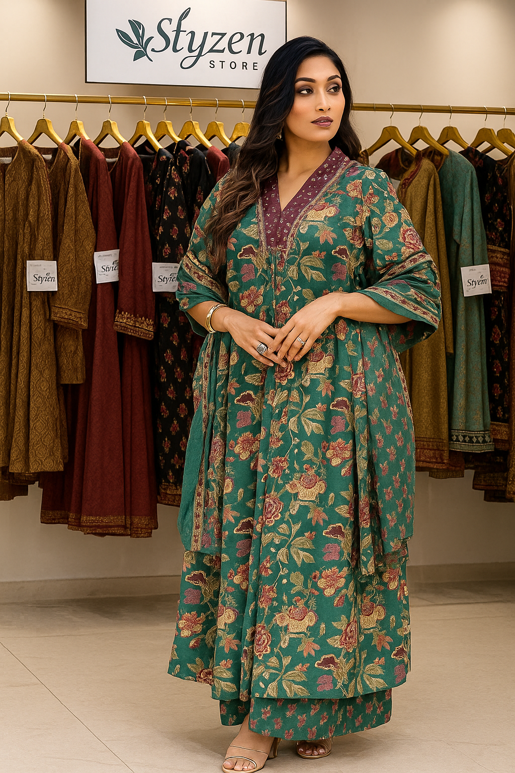 Women's Stylish Anarkali Printed Kurta with Palazzo & Dupatta